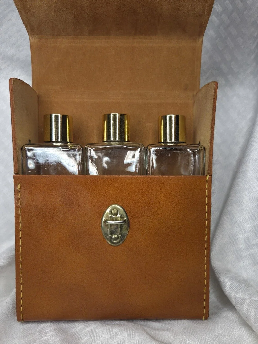 Vintage MCM Portable Bartender Leather Set 3 Glass Bottles 2 Plastic Shots